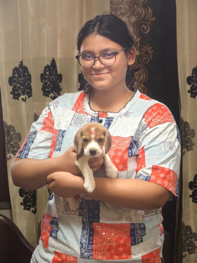 Customer holding Beagle puppy